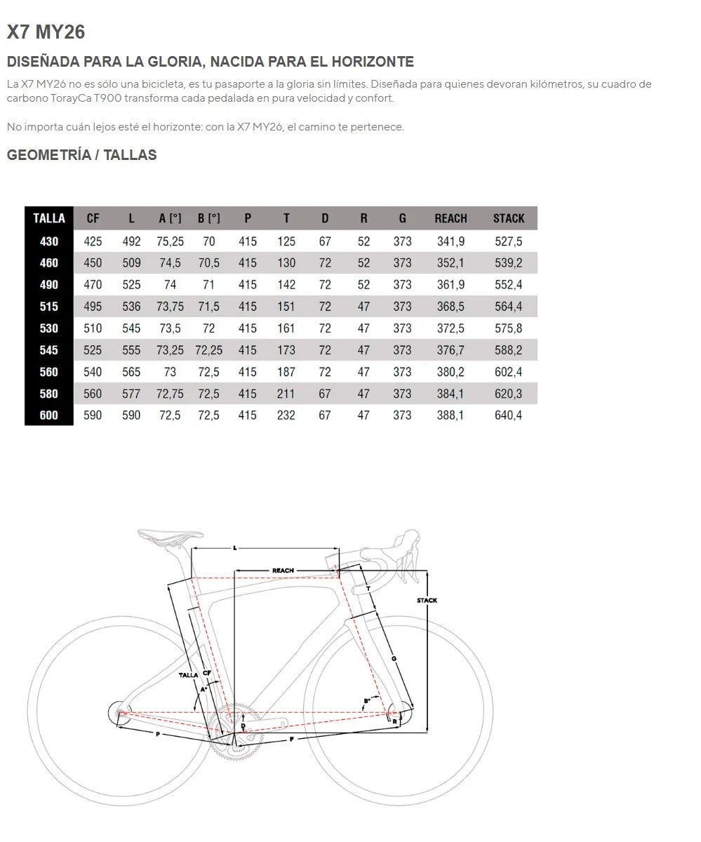 Pinarello X7 Ultegra Di2 2x12v Fulcrum Racing 800 2026 E340 Xpeed Red - Geometría